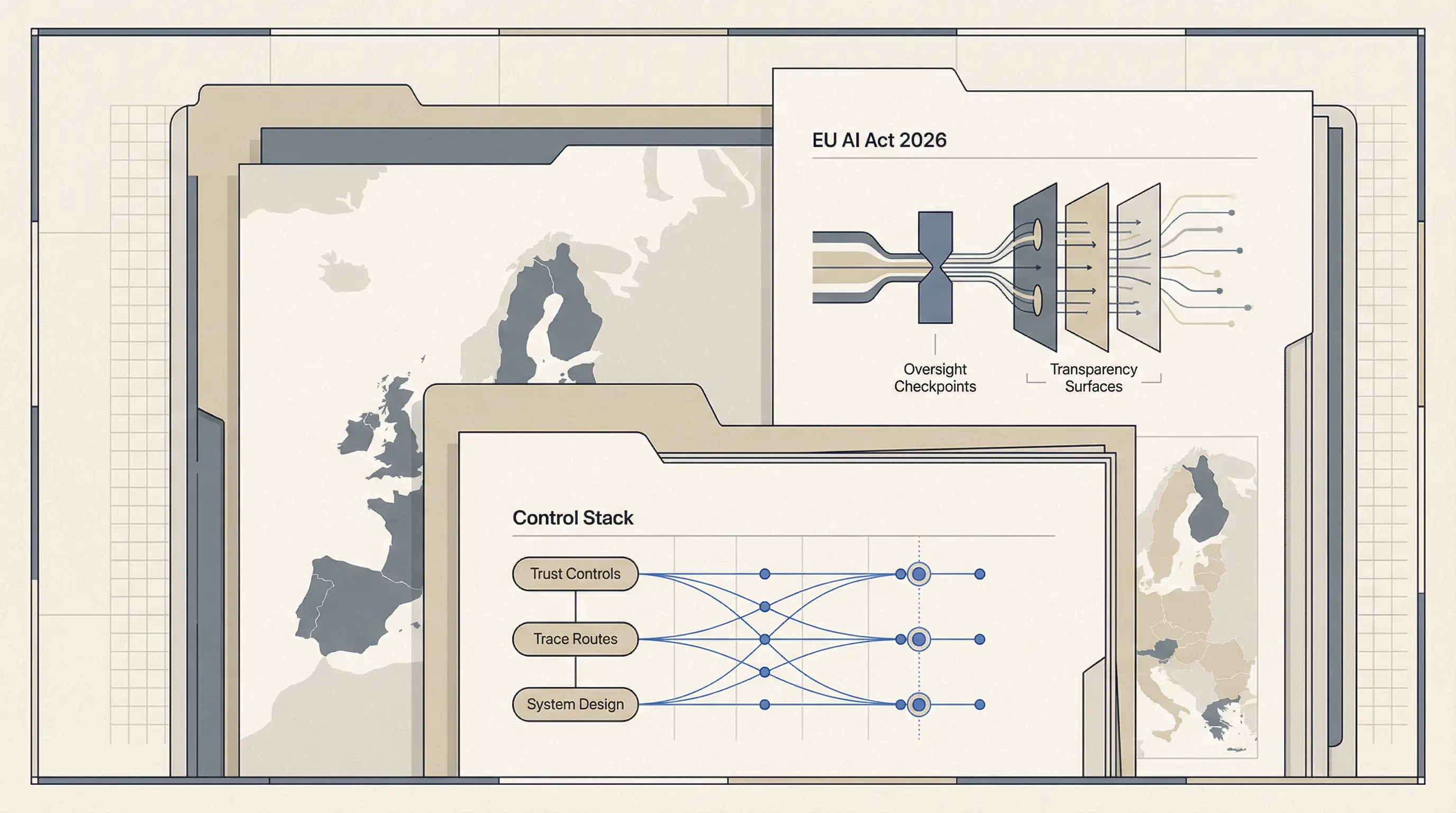 Editorial illustration showing Europe’s AI trust requirements as a layered control stack.