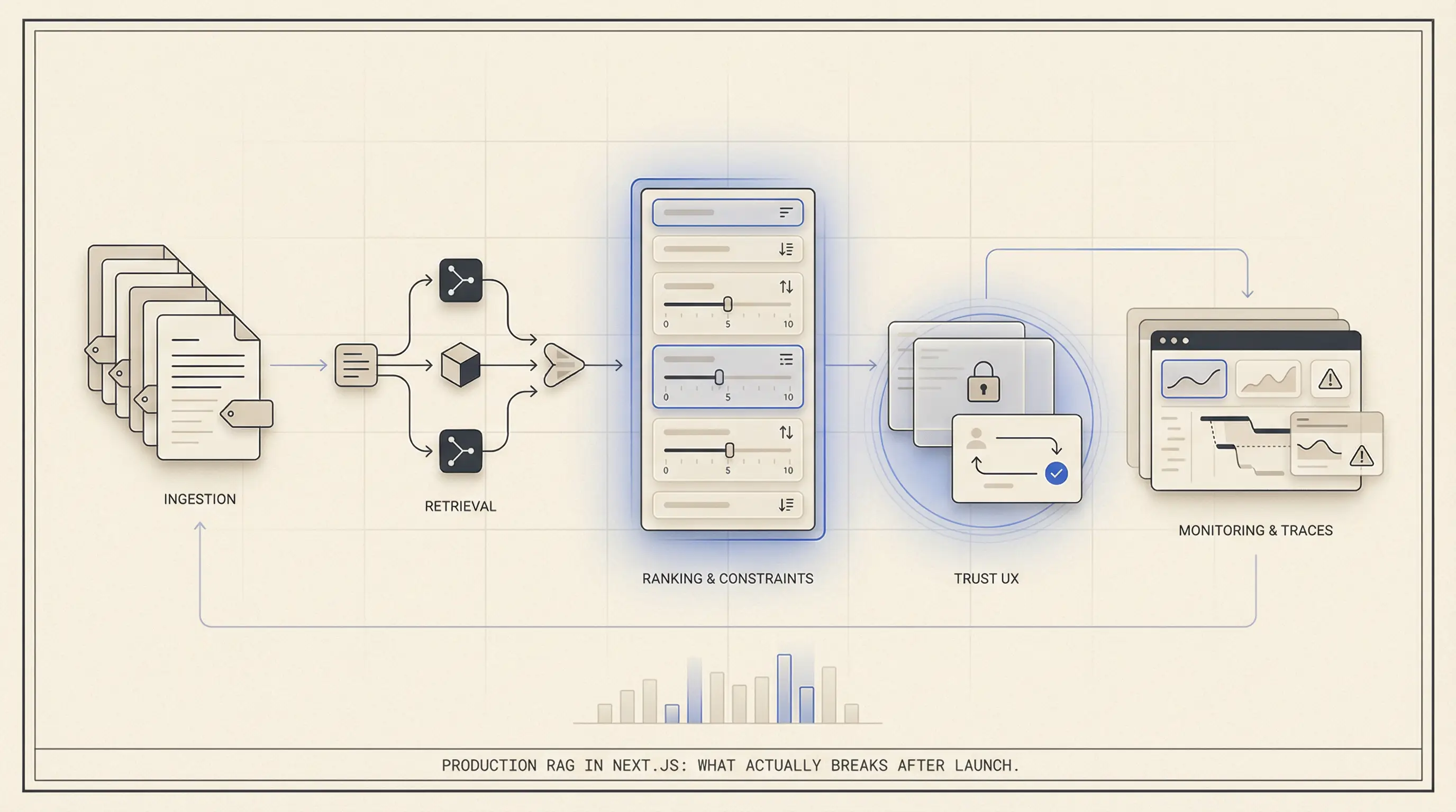 Ilustracja redakcyjna pokazująca produkcyjny system RAG z warstwami retrievalu, kontroli odpowiedzi i monitoringu.