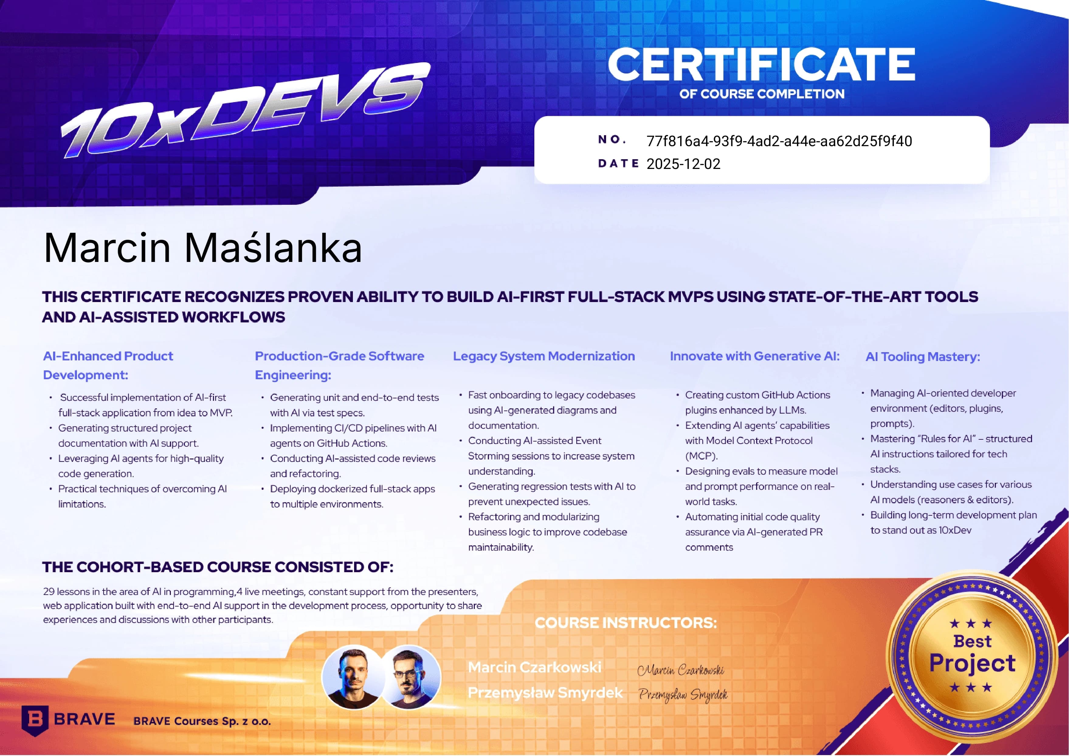 10xDEVS 2 credential certificate issued by Przeprogramowani.