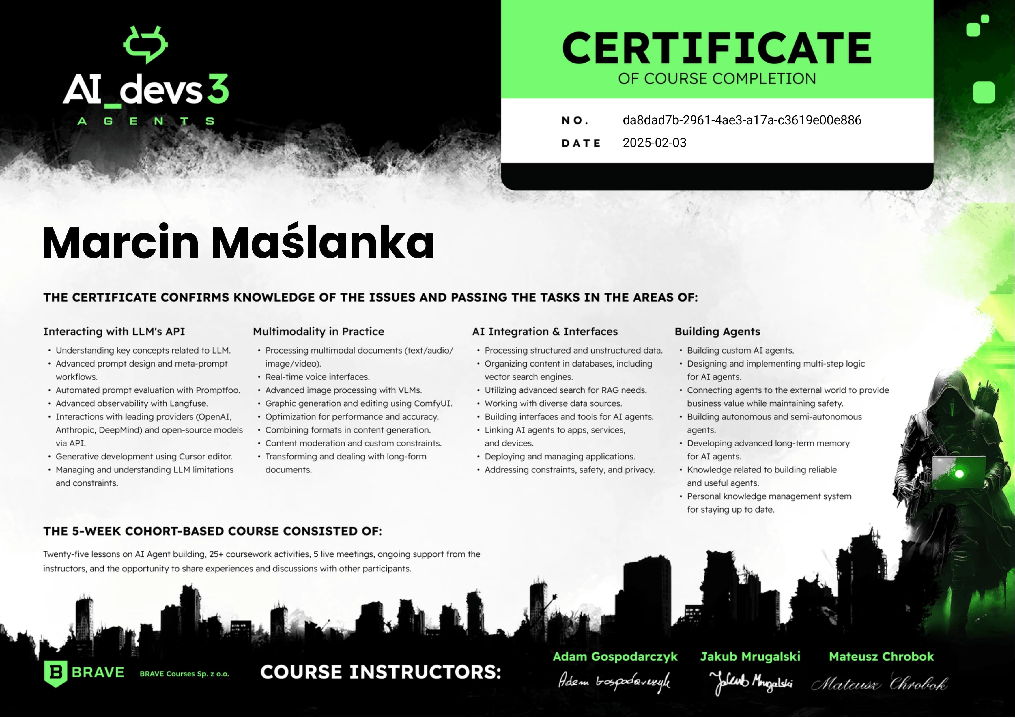 AI DEVS 3 credential certificate issued by BRAVE.