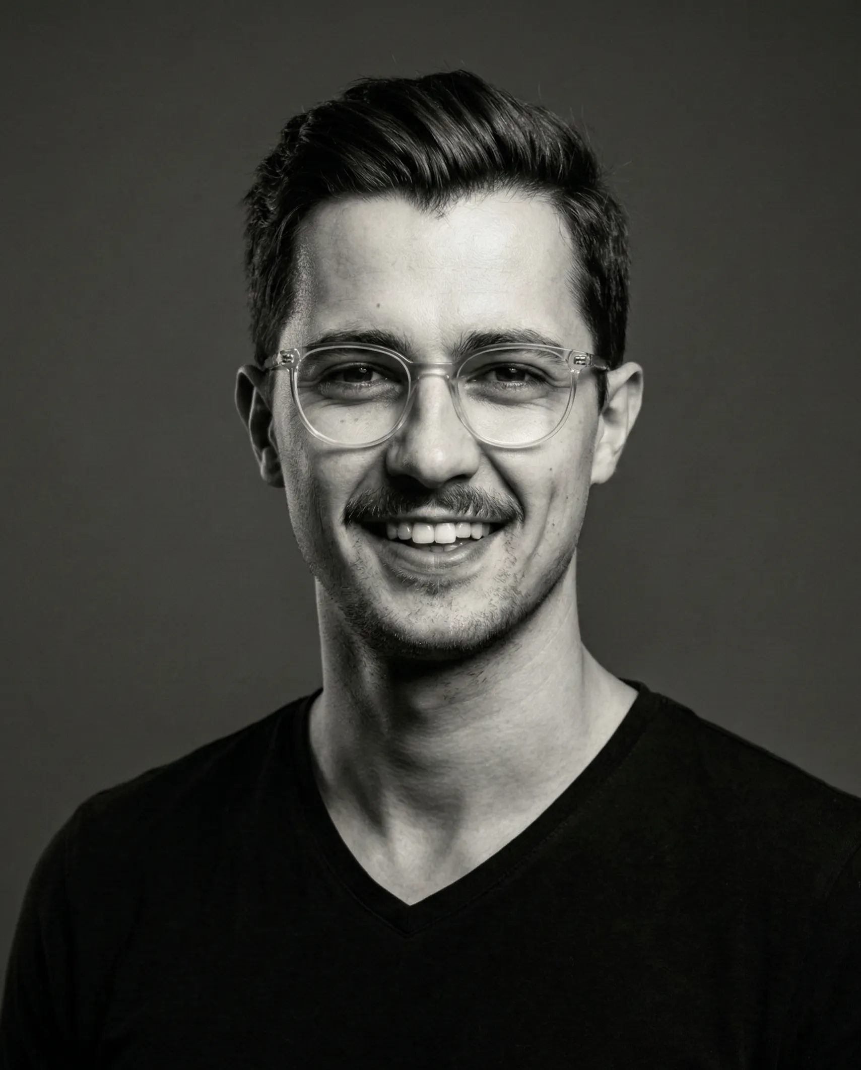 Black-and-white editorial portrait of Marcin Maślanka wearing glasses and a dark shirt.