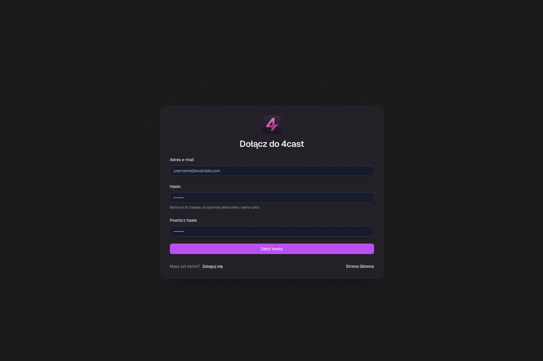 4cast signup flow showing user onboarding and account entry.