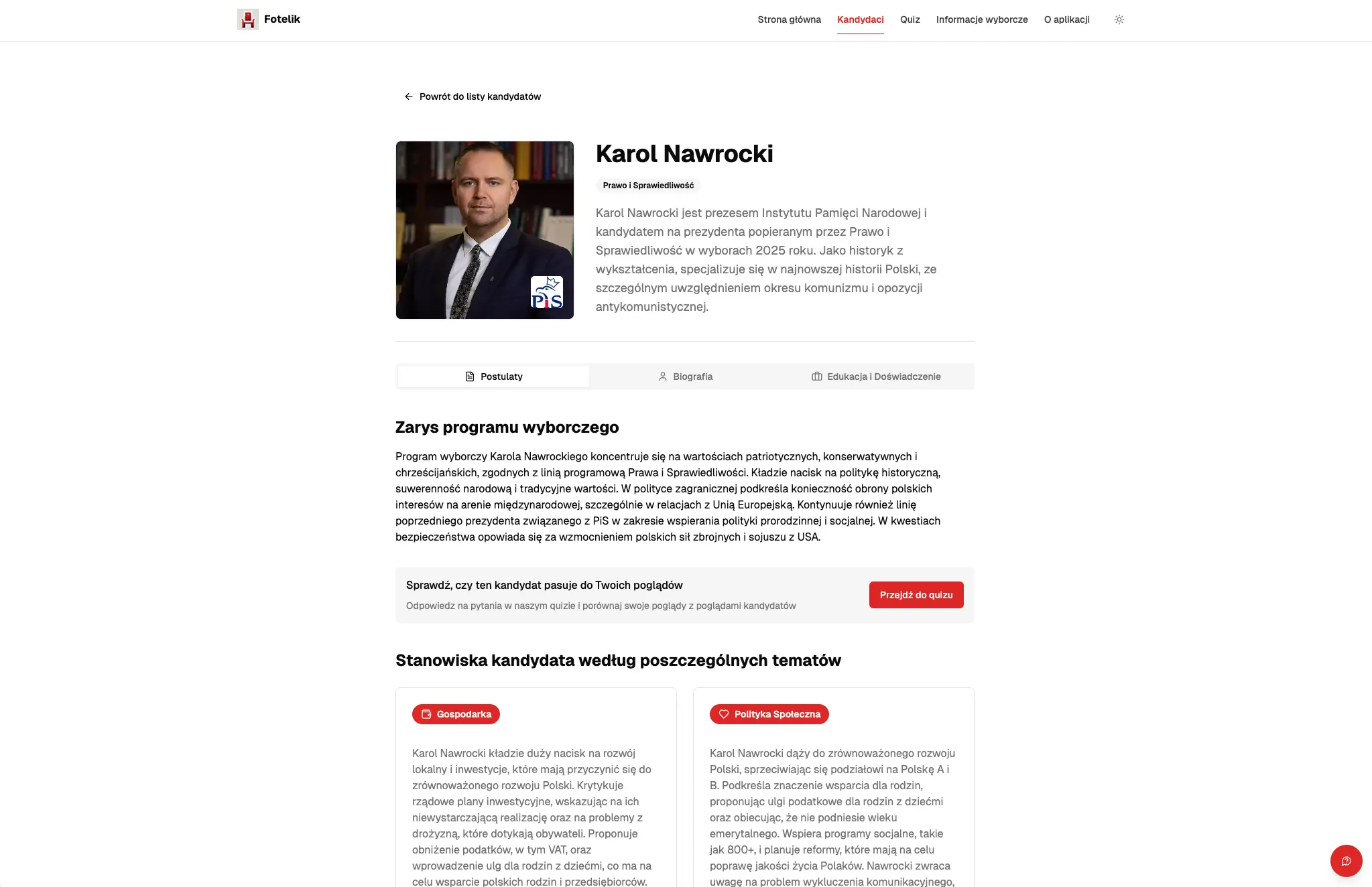 Fotelik candidate detail screen with structured profile information.