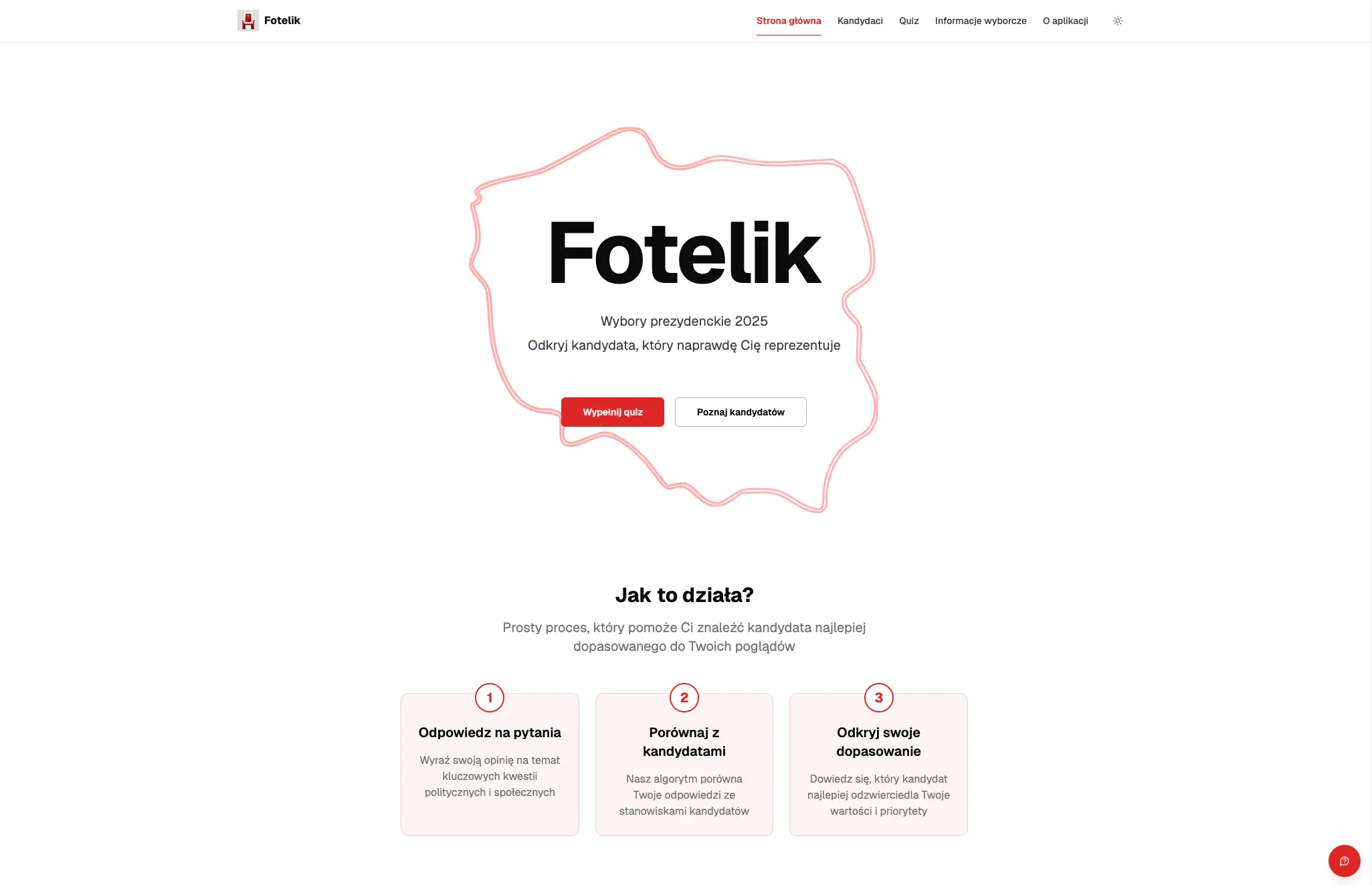 Fotelik landing page showing the homepage and political matching product framing.